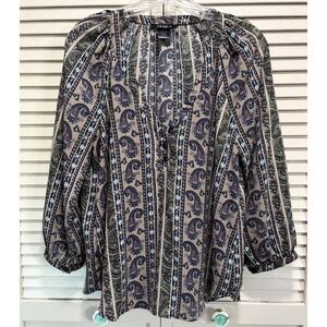Joe + Elle Blue/Tan Paisley Chiffon 3/4 Balloon Sleeve Blouse Size M Button Boho